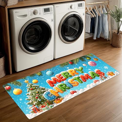 Christmas Tree Laundry Room Rug 20x47 Inch – Non-Slip Holiday Runner Mat for Lau