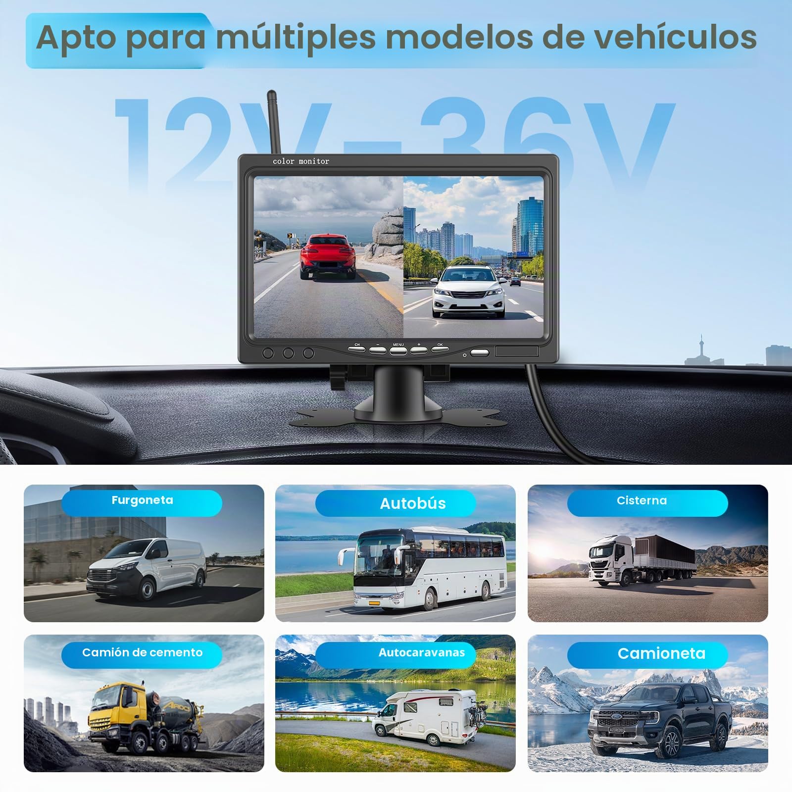 Camara Marcha Atras, 2 Cámaras Visión Trasera Inalámbrica Gran Angular con Visión Nocturna Impermeable Cámara Trasera Coche, Kit de Monitor 7 Pulgadas para Camiones, Furgonetas, Vehículos Remolque