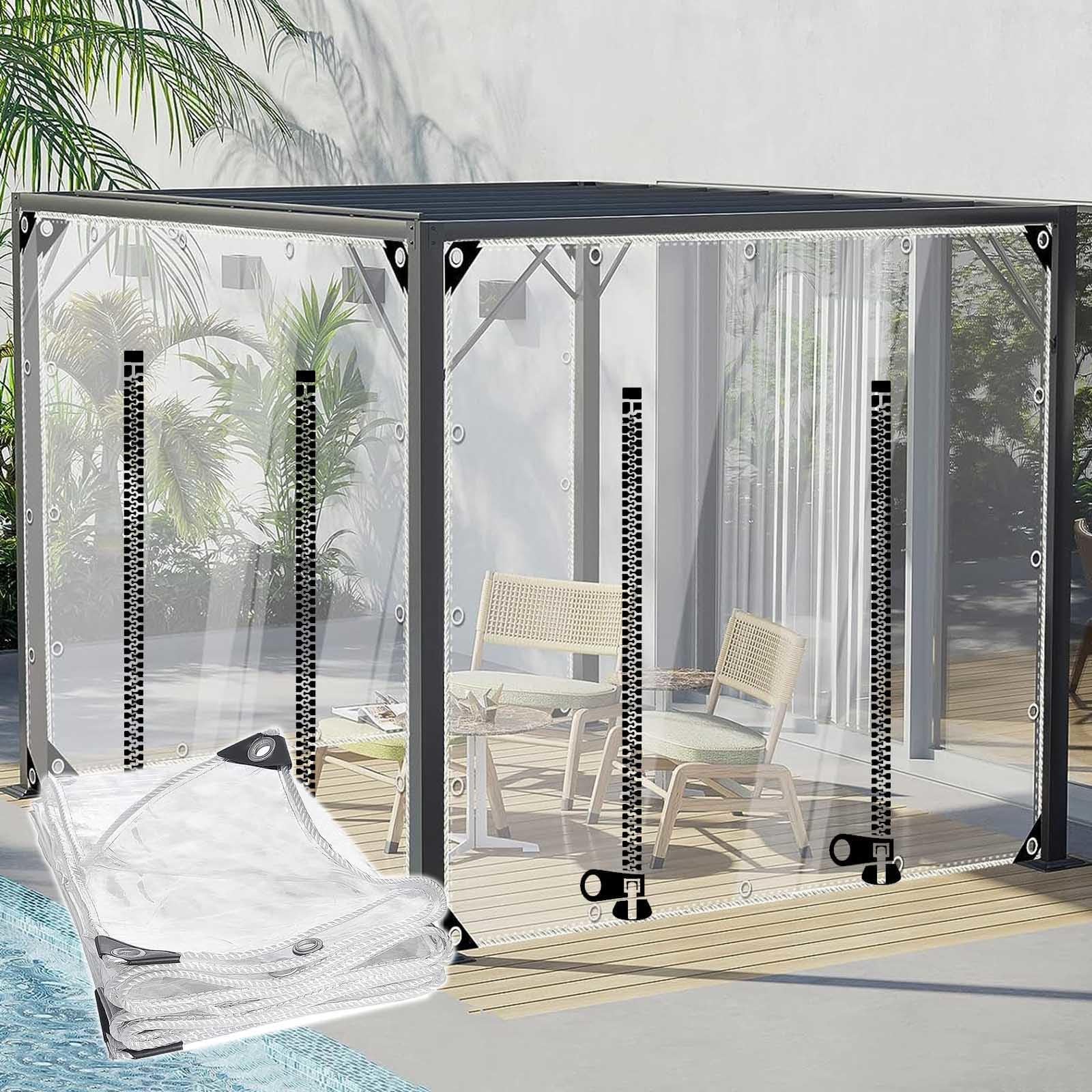 Clear Pvc Tarp Curtains With Zip Doors,Pergola Gazebo Patio Porch Waterproof Transparent Tarpaulin Side Panels With Grommets,Weatherproof Tarp Cover Sheet,Customisable,W×H-2.5×2.2m(8.2*7.2ft)