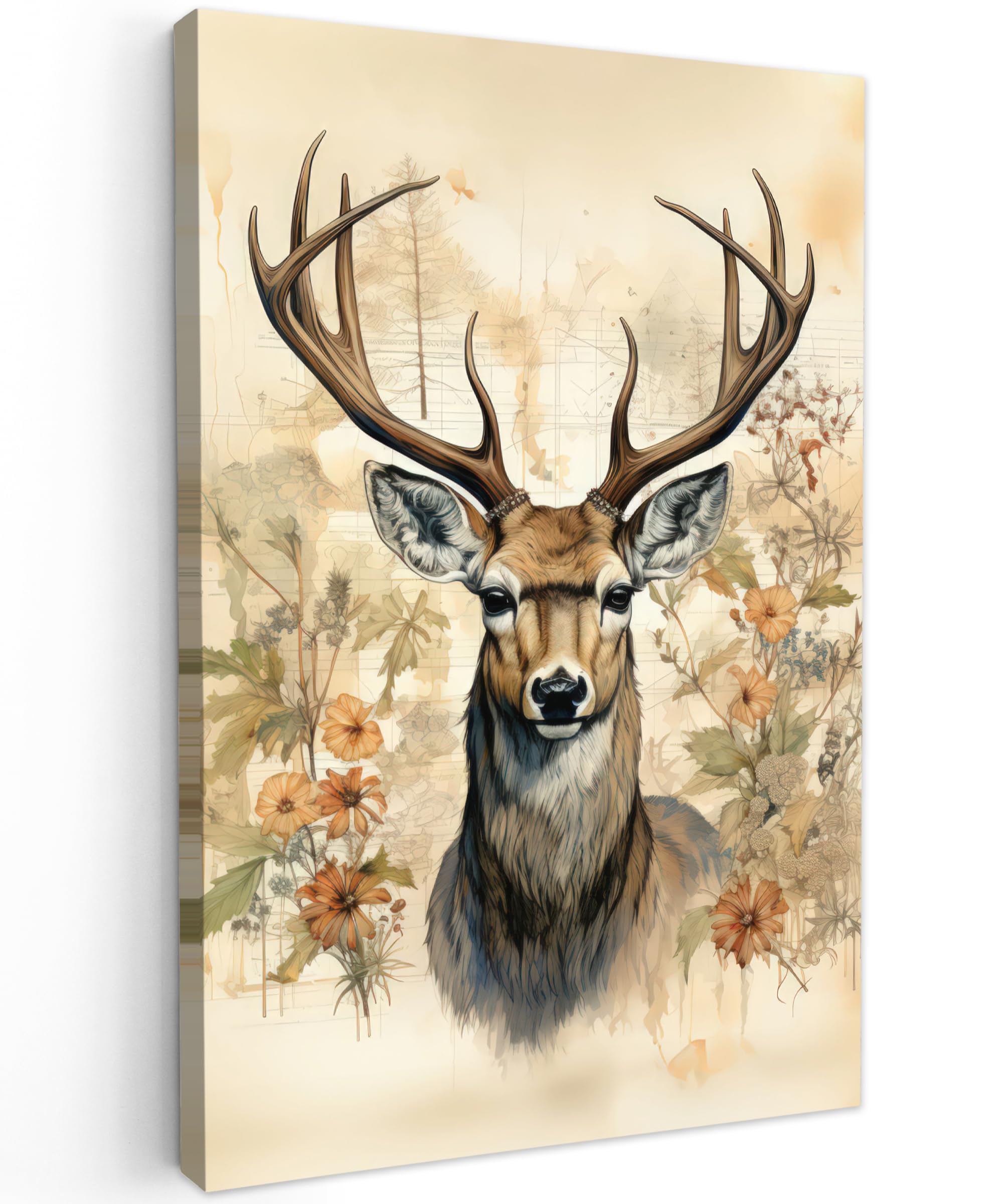 MuchoWow© Canvas Wall Art 16"x24" / 40x60 cm Decor Paintings Print framed on Canvas Pictures for Hallway Vintage - Deer - Red deer - Flowers - Beige - Animals - Nature