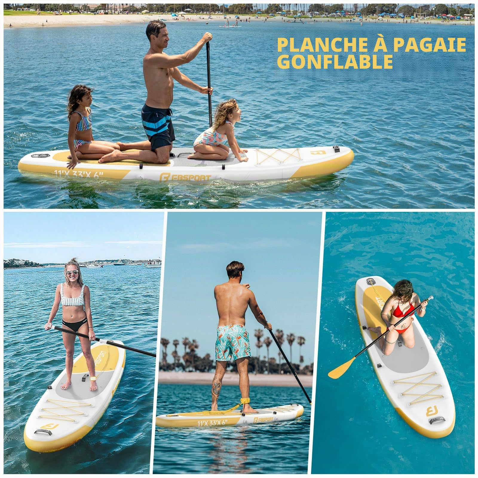 FBSPORT Paddle Gonflable Adulte 335 cm, Planches de Stand Up Paddle, 160kg de Capacité de Charge avec Pont Anti-dérapant, Set Complet avec Pagaie, Pompe, Sup Board pour Yoga, Surf en Voyage