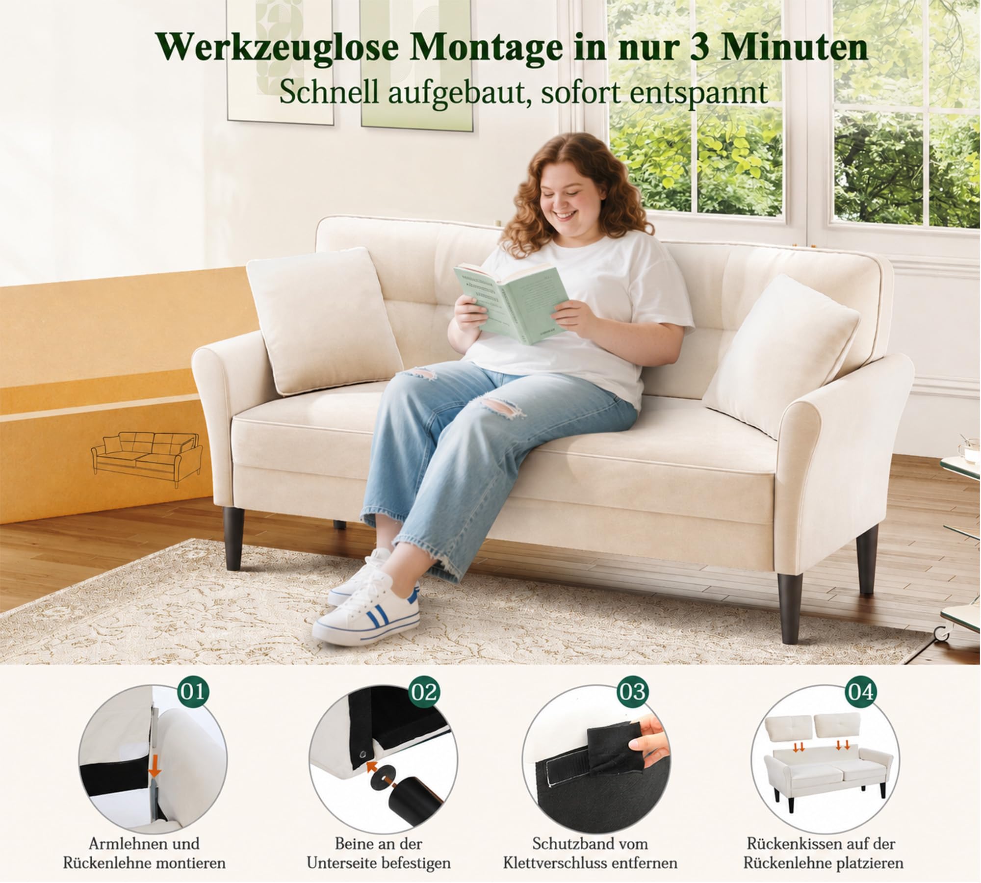 Kidirect Sofa 3 Sitzer, 174cm Großes 2er Sofa Couch, 3 Sitzer Sofa Beige