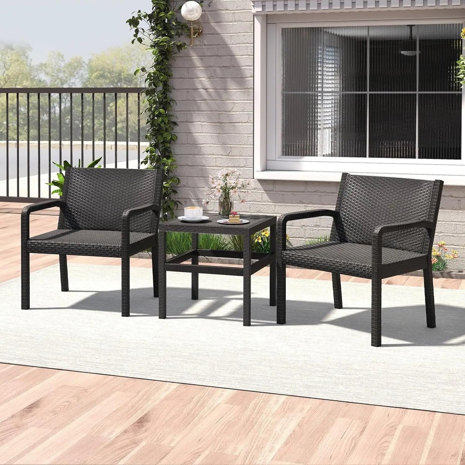 3 Piece Patio Furniture Set Outdoor Wikcer Conversation Set with 2 Rattan Armchair 25" Square Side Table for Courtyard Garden