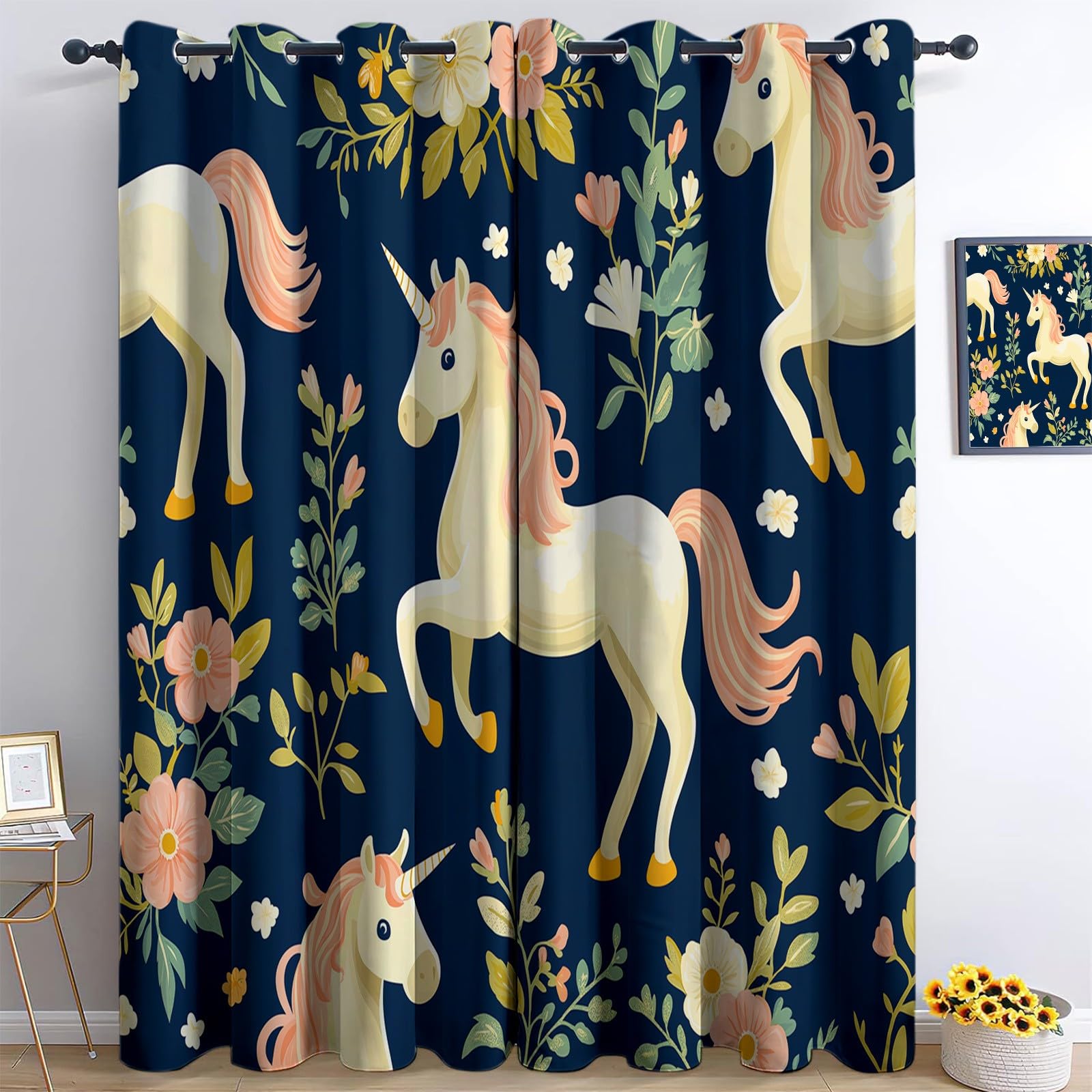 Générique Rideau Occultant Animaux Licorne, Rideaux Isolant Thermiques et Phonique - Draperies Oeillets Anti Froid Plantes Et Fleurs pour Salon Chambre Fenêtre Décoration 140L x 260H cm 2 Panneaux