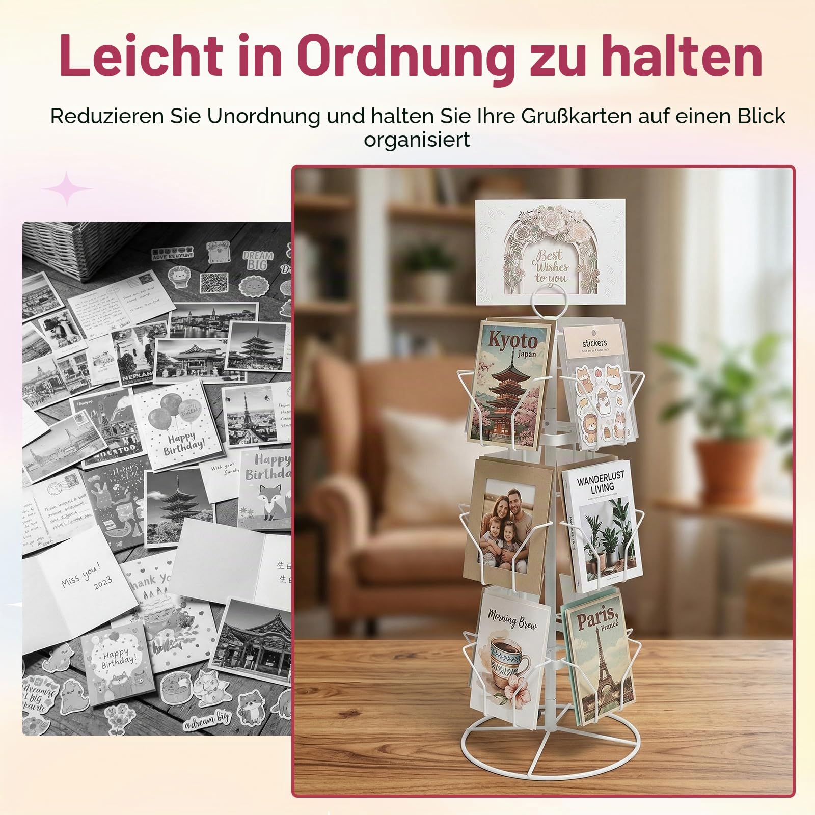 3-Stufiger Postkartenständer,Kartenständer Drehbar mit 12 Fächern