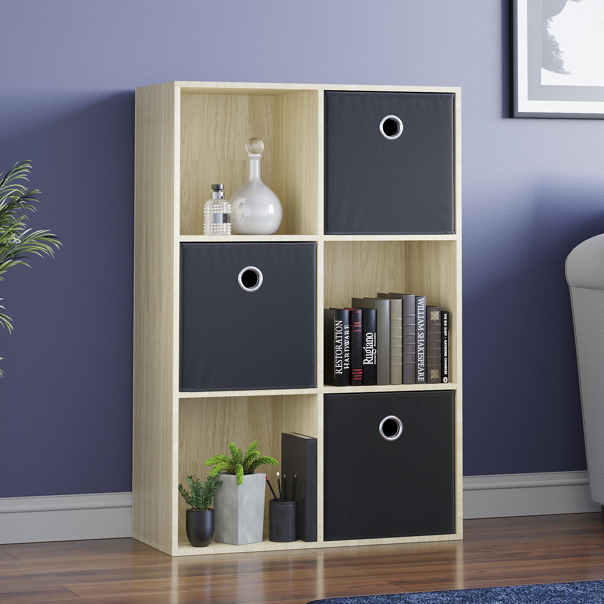 Vida Designs Durham Cube Bookcase Storage Organiser Living Room Bookshelf Home Office Furniture (6 Cube & 3 Black Baskets, Oak)