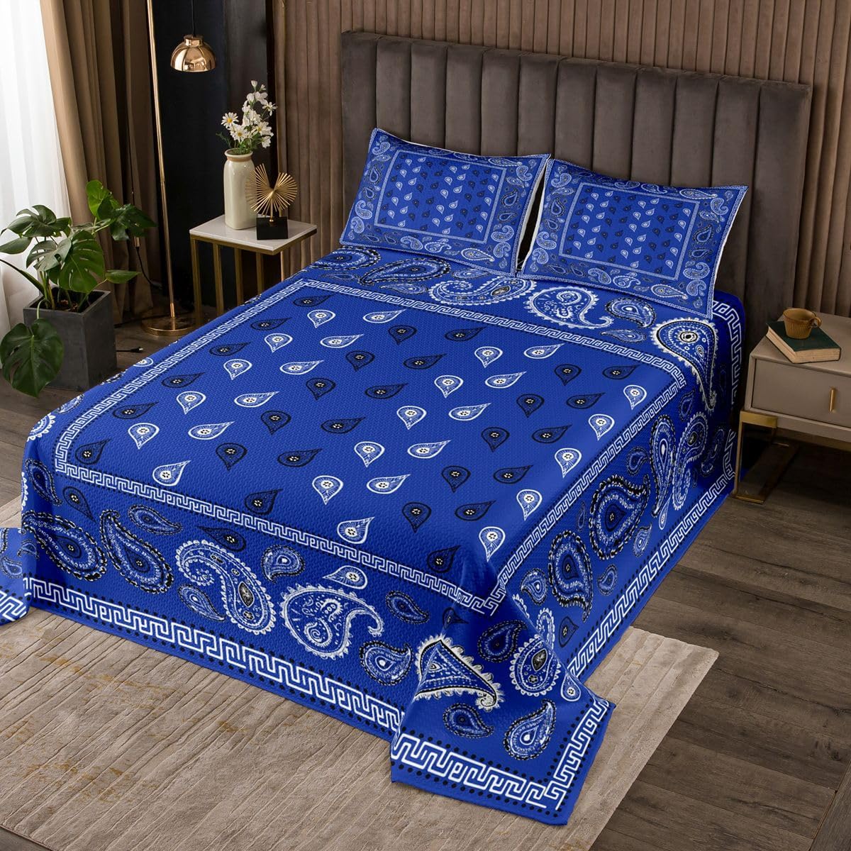Manfei Royal Blue Bandana Bedspread Queen Size,Boho Paisley Bandanas Coverlet Set 3pcs,Bohemian Chic Floral Quilted Coverlet with 2 Pillowcases,Kids Boys Room Decor,Soft Bedding Quilt