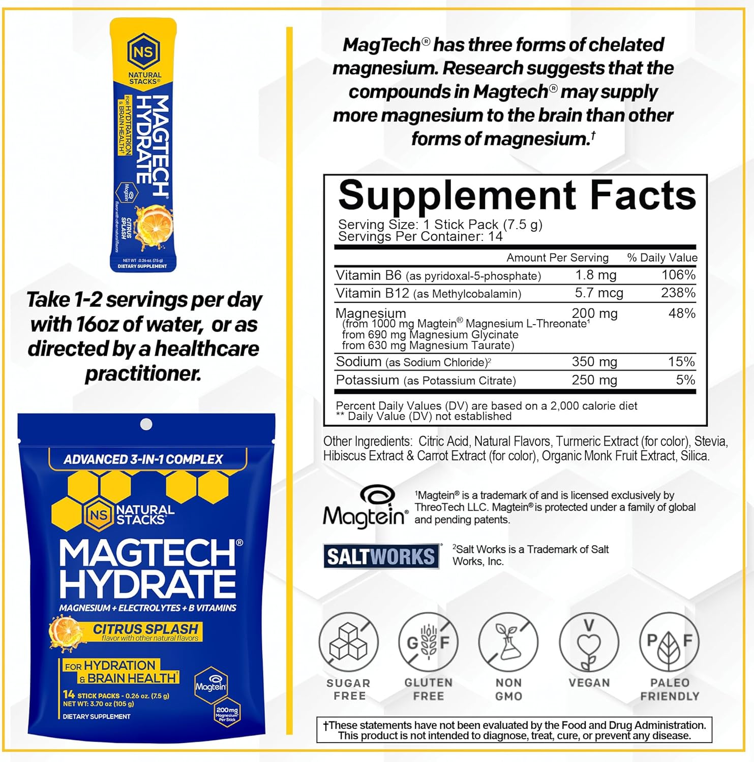 MagTech Magnesium Hydrate Packets - Sugar Free Hydration Powder - Magtein Magnesium L-Threonate, Glycinate & Taurate - 200mg Chelated Triple Complex - Supports Hydration & Brain Health* - 14 Servings - Image 3
