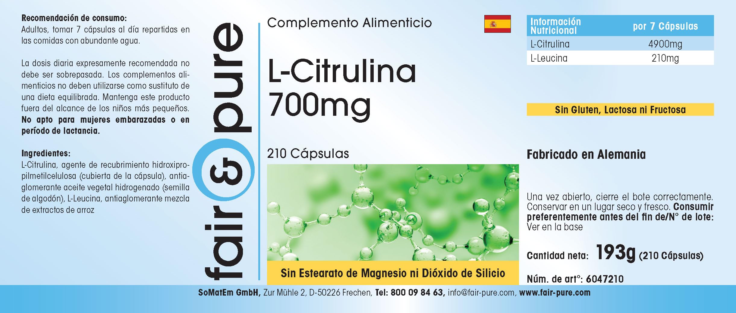Fair & Pure® - L-Citrullina 700mg - Polvere in capsule - Vegan - 210 Capsule
