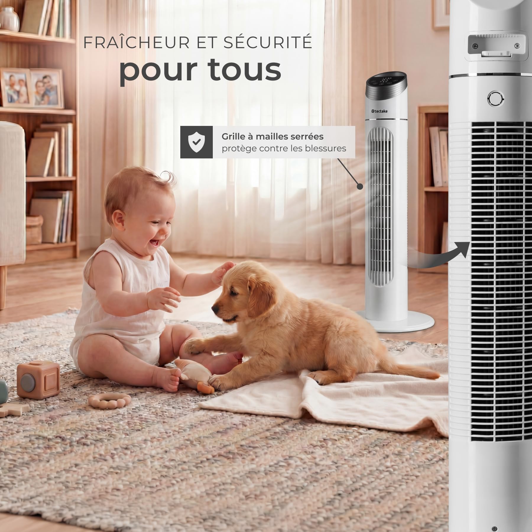 tectake® Ventilateur Colonne 90 cm, 3 modes et 3 vitesses, Fonction de minuterie, Ecran LED, Télécommande, Ventilateur Silencieux & Oscillant pour Bureau, Chambre, Salon, Maison - Blanc