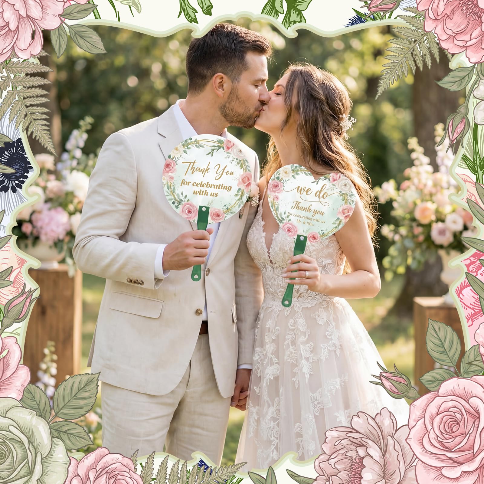 Yalikop 100 ventagli a mano per invitati al matrimonio, con foglie verdi