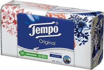 Tempo Paper Tissues Box, 3 Boxes of 80 Disposable Tissues, 4-Ply, Limited Edition Seletti Box, 4 Assorted Graphics, Recyclable Pack of Natural Origin