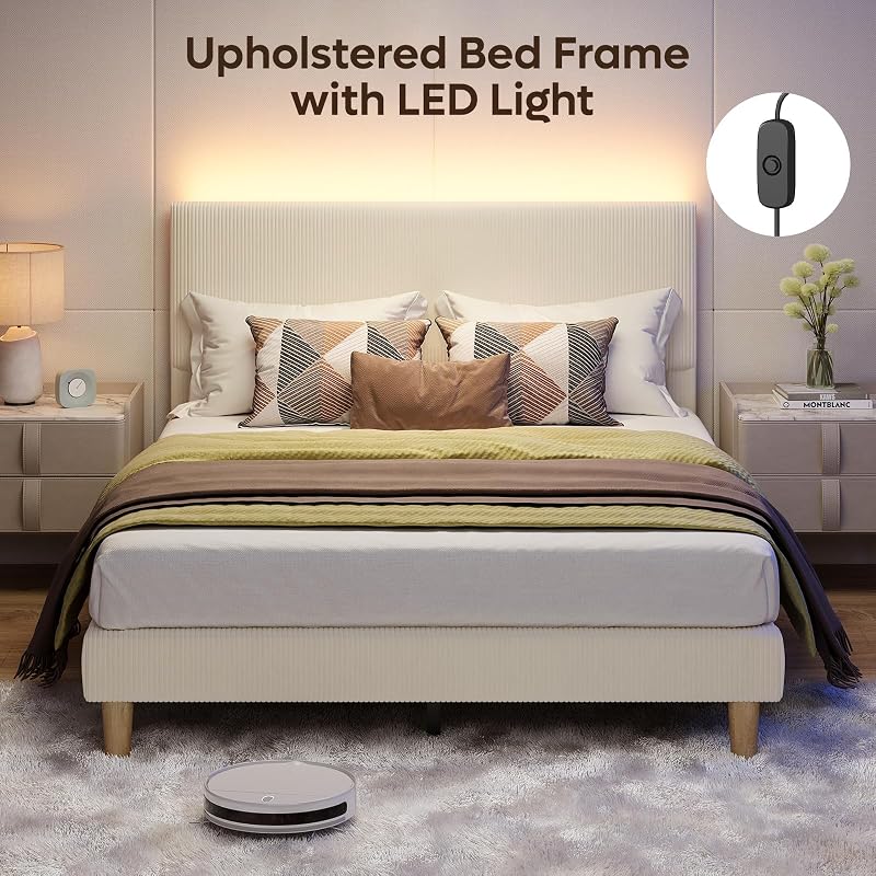 Bestier Queen Bed Frame with Headboard LED Lighting,Upholstered,Beige image 5