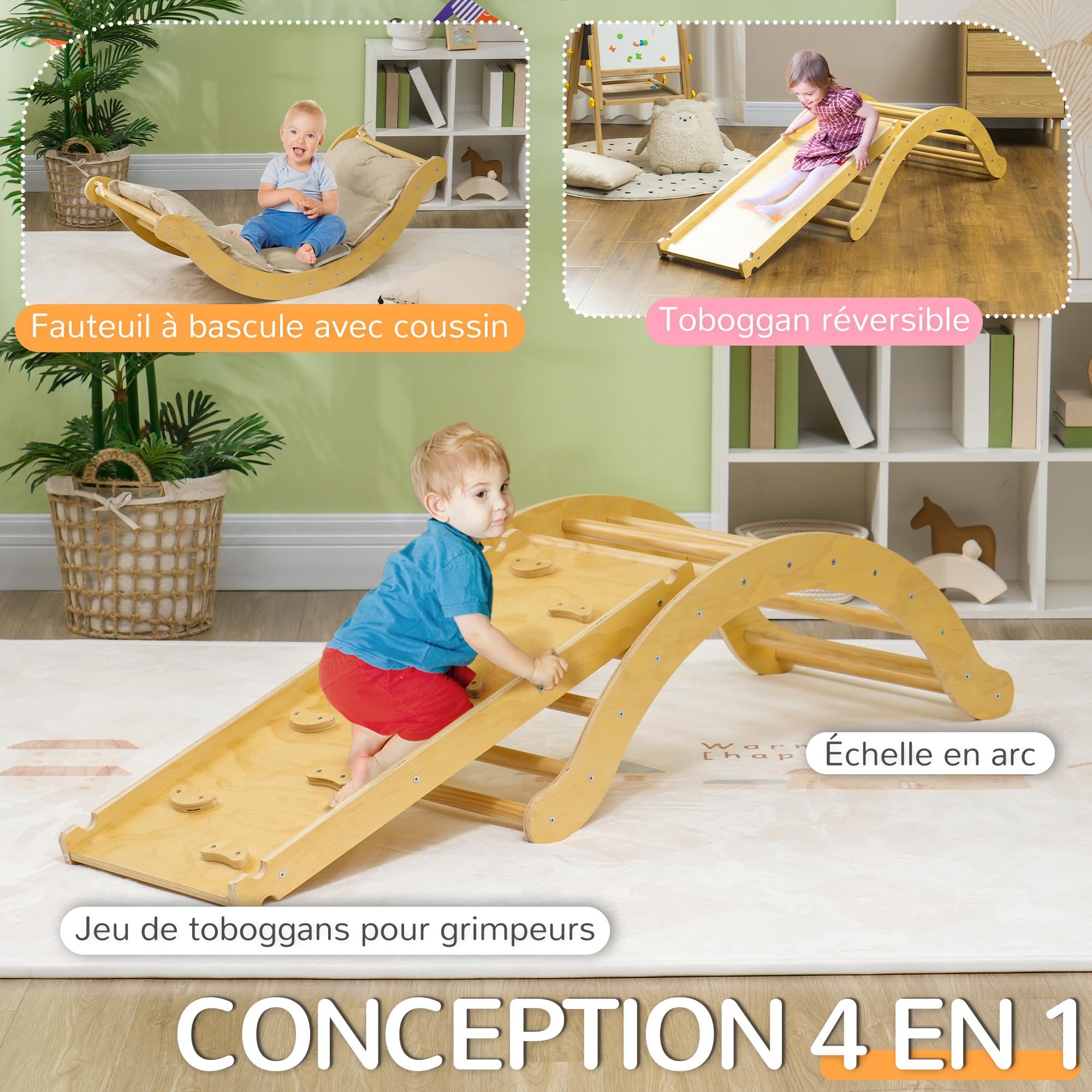 AIYAPLAY 4 en 1 Arche Escalade Enfants 18-48 Mois Charge 50 kg Bois Naturel | Chaise à Bascule avec Coussin, Rampe Double-Face pour Grimper & Glisser, Parcours Motricité Bébé en Bois