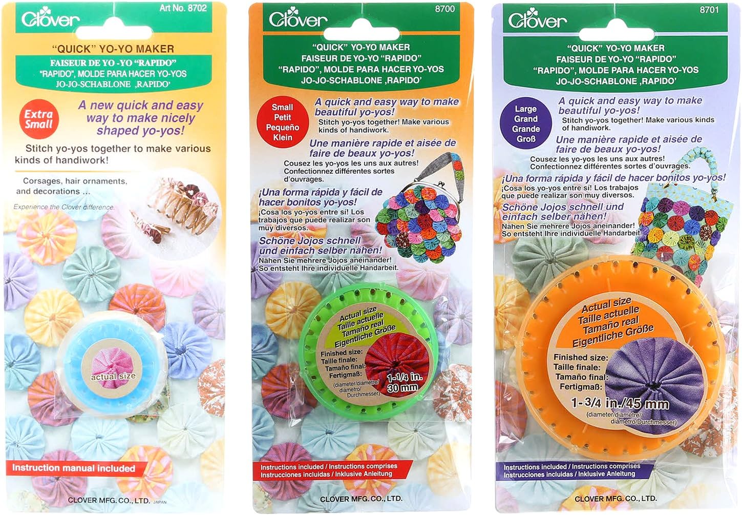 Bundle of Three (3) Quick Yo-Yo Makers: Extra Small (makes 3/4" yo-yos), Small (makes 1.25" yo-yos), and Large (makes 1.75" yo-yos)