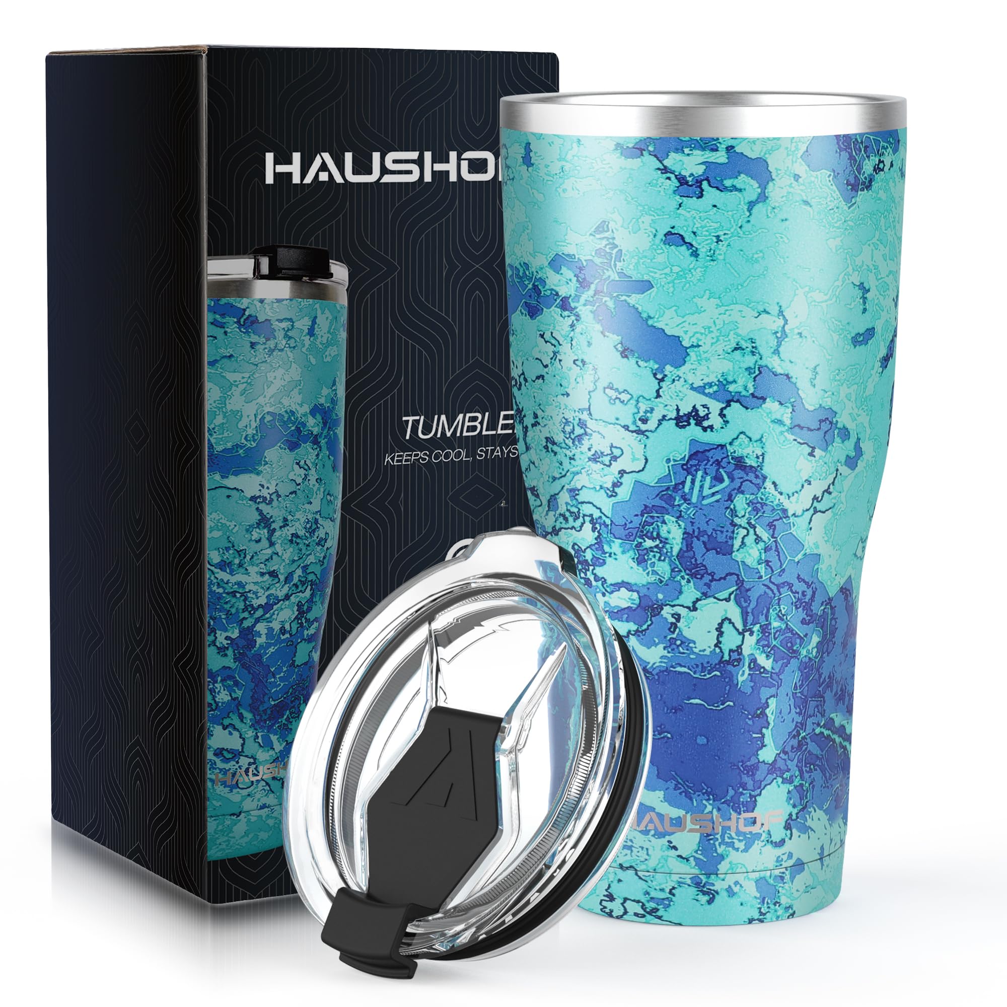 HAUSHOF 20 oz Tumbler, Stainless Steel Vacuum Coffee Tumbler, Durable Insulated Tumbler Cups for Hot and Cold Drinks, Portable Water Tumbler with Lid for Office, Camping, Sports Camo Blue 20