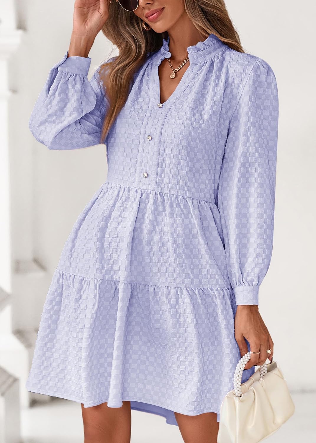Lazysmile Dresses for Women Long Sleeve V Neck Button Down Ruffled Flowy Fall Casual Babydoll Tunic Dress - Image 6