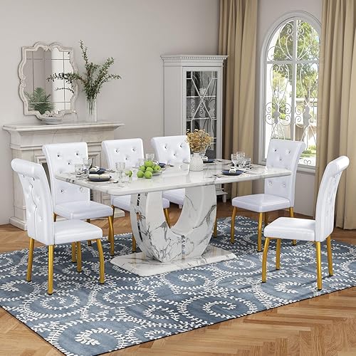 Miniatura 18 de JUFU Juego de mesa de comedor de mármol para 6 personas con mesa de mármol sintético de 63 pulgadas y pedestal en forma de U, mesa de comedor 6