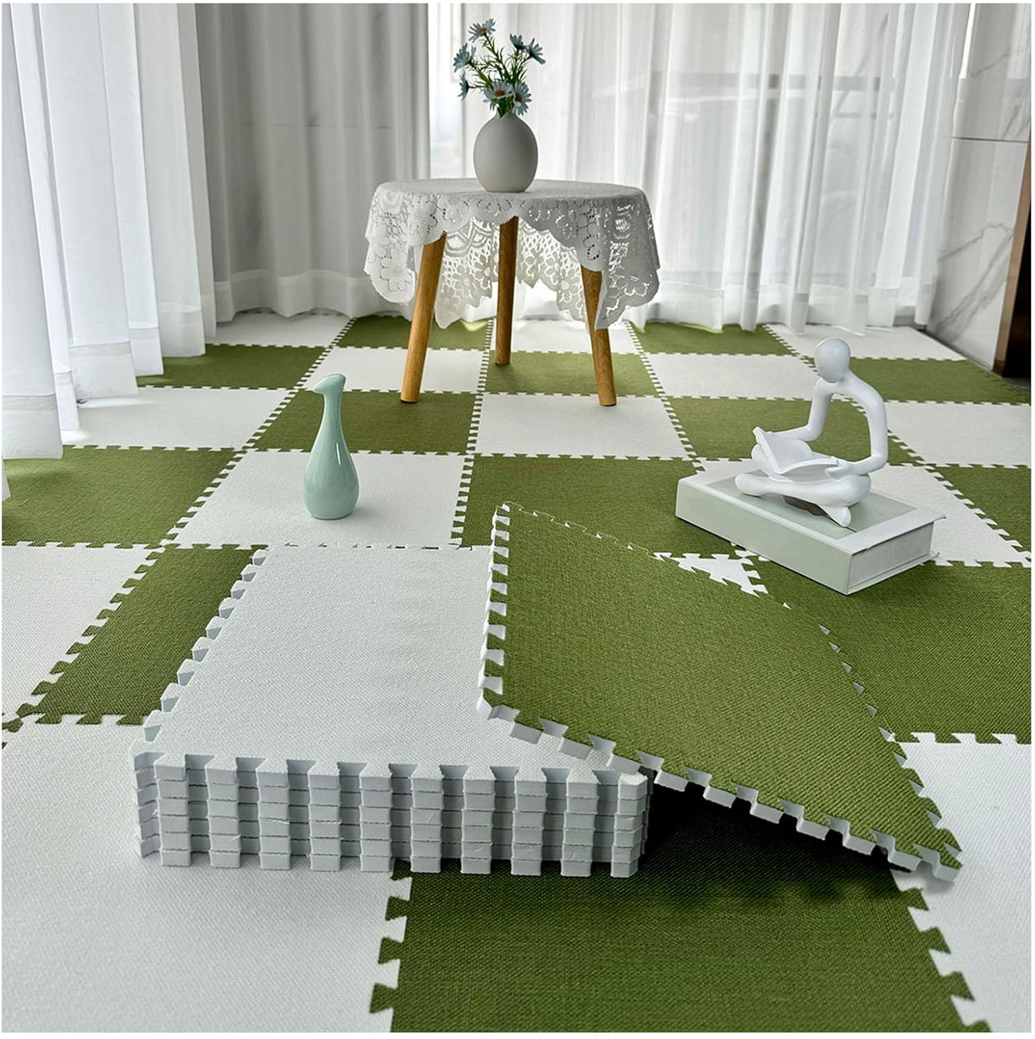 Interlocking Carpet Tiles, Thick Puzzle Floor Mats, Durable Cotton Linen Foam Tile, Breathable Puzzle Mat for Playroom,Living Room,Gym,Green,20 pcs