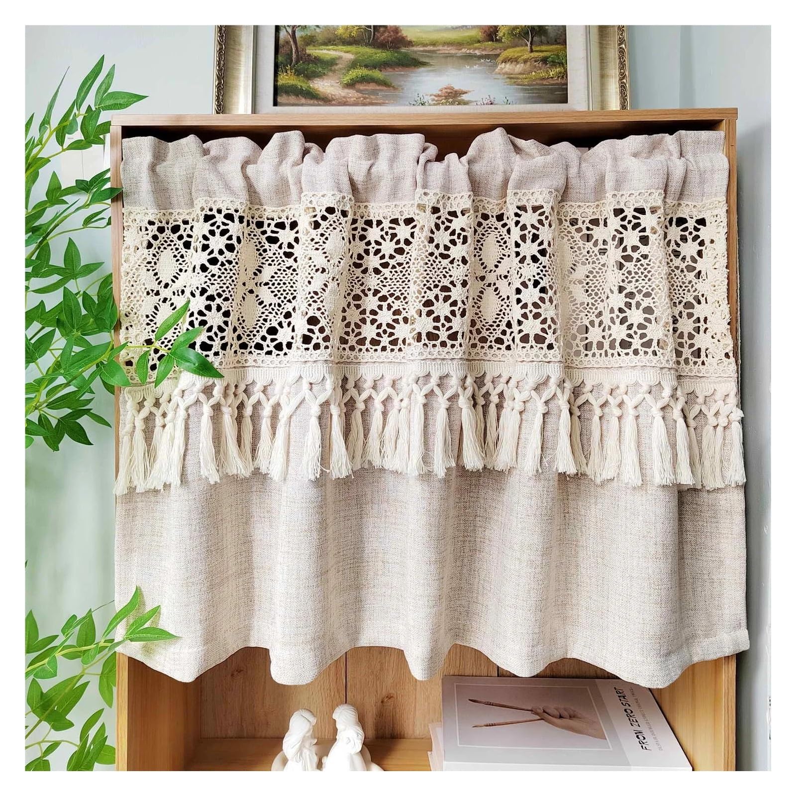 LNNXSZ Short Curtains Short Curtain Crochet Lace Tassels Drapes Perfect For Kitchen Cafe Window Doorway Rustic Charm Living Room Decor(1 Panel W200xH90cm)