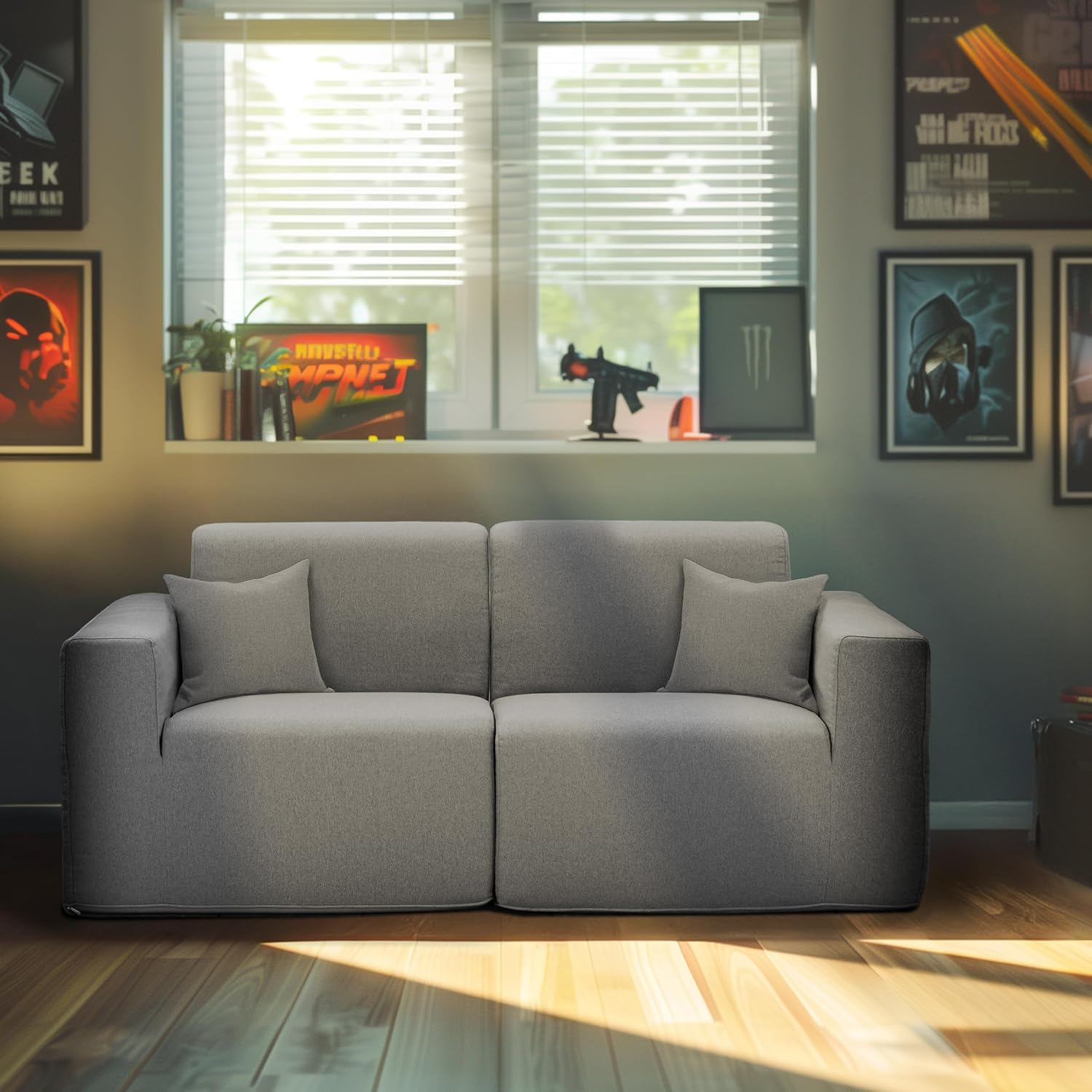 2-Piece Gray Foam Sectional Sofa Lounger with Table – Lightweight, Portable & Easy-Care Seating Set