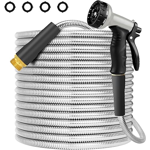 25FT Garden Hose, Metal Garden Hose with 10 Pattern Spray Nozzle, Leak Proof Water Hose, Stainless Steel Metal Hose for Car，Yard, Outdoor