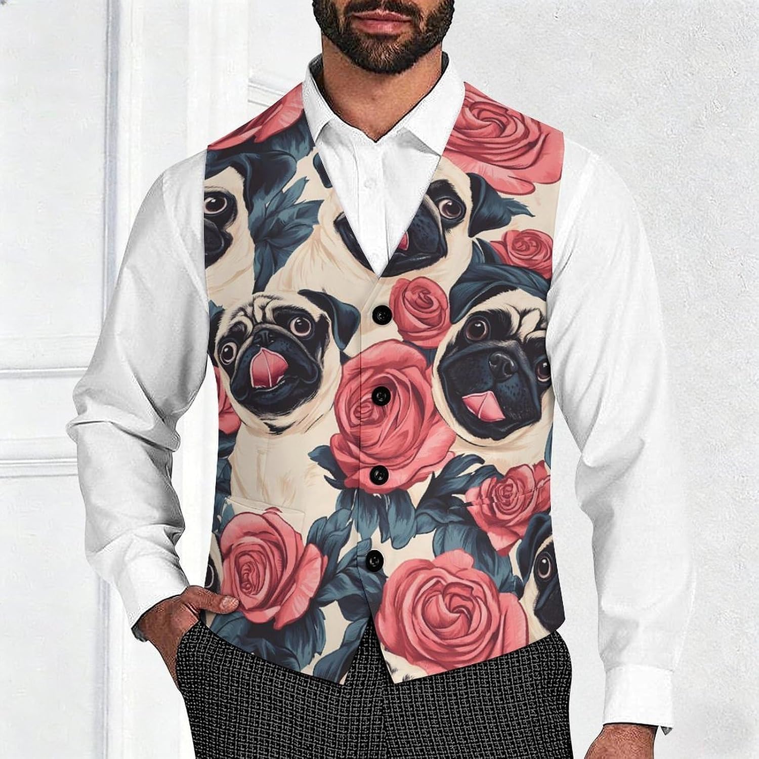 Rose Pug Dog Flowers Men's Suit Vests Waistcoat V-neck Formal Dress Tuxedo for Business