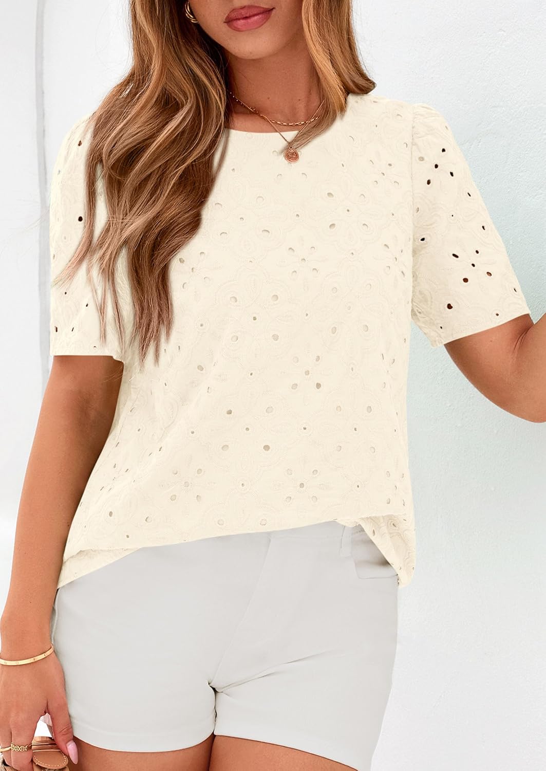 PRETTYGARDEN Embroidered Eyelet Tops for Women Summer Blouses Dressy Casual 2026 Spring Work Teacher Puff Short Sleeve Shirts - Image 7