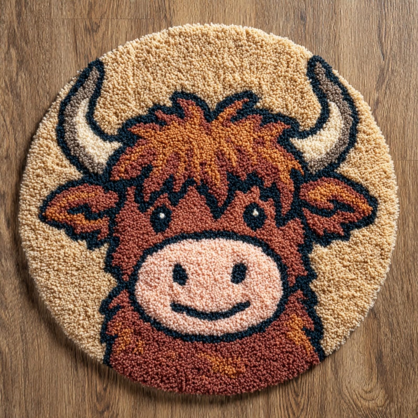 WallustrioaW Latch Hook Rug Kits for Adults,Small Highland Cattle,Crochet Kits for Beginners,DIY Cross Stitch Cushion Craft with Yarn and Crochet Hook,50x50cm
