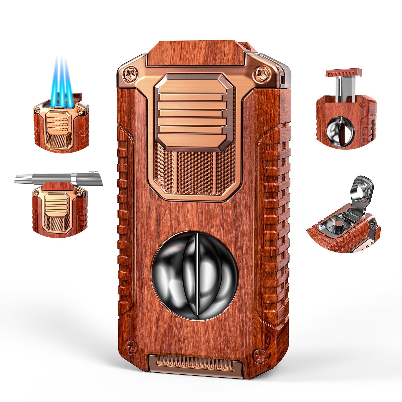 All-in-One Triple Torch Lighter with Built-in V Cutter, Holder, Punch, and Draw Enhancer Tool, Winproof Adjustable Triple Jet Flame Lighter, Refillable Lighter Gift for Men (Mahogany)-image-28