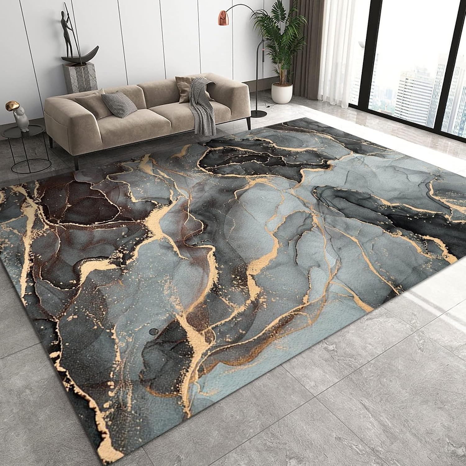 Gray Black Marble Area Rugs, Ink Geometric Art Soft