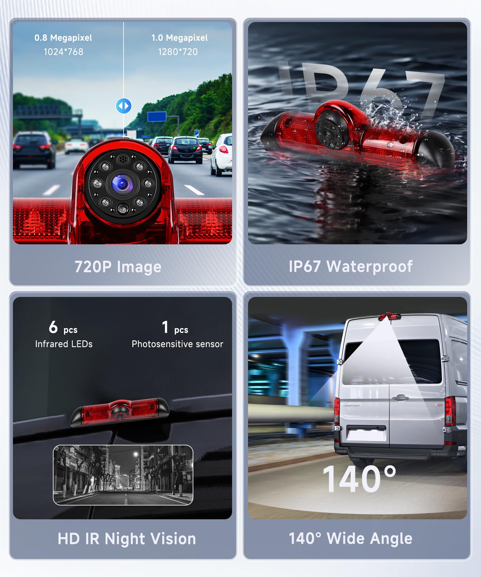 Hodozzy Caméra de Recul pour Fiat Ducato 3/Peugeot Boxer/Citroen Jumper 2006-2017,Caméra de Troisième Feu Stop de Voiture,Vision Nocturne IR, Etanche IP67,Angle Réglable,avec Ligne Inversée