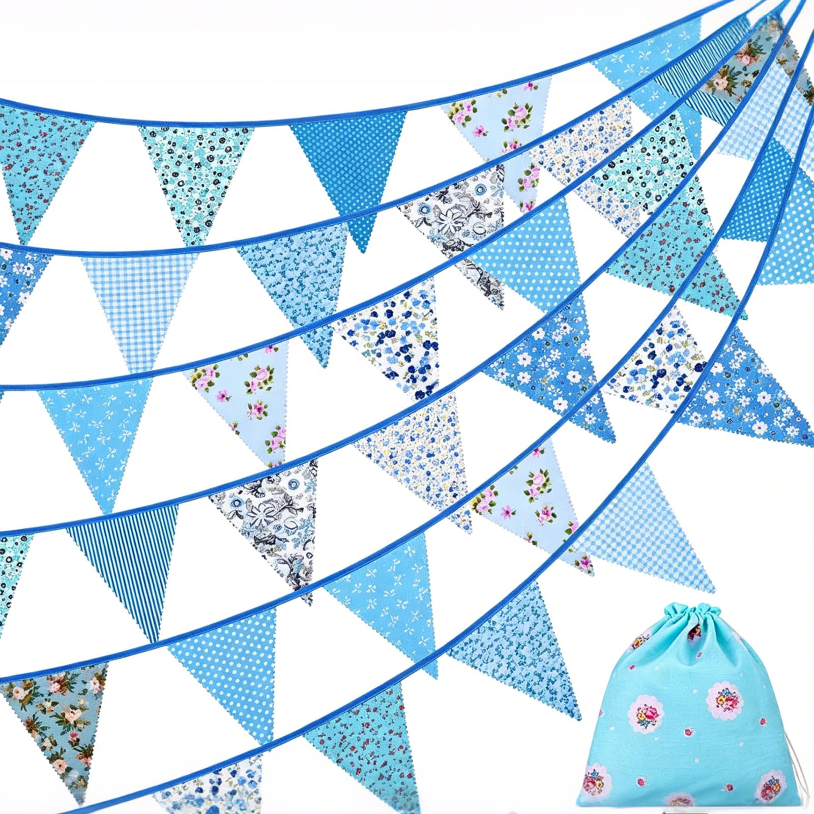 Beyinkoy Floral Bunting Banner, 12M/39Ft Reusable Triangle Flag Banner with Storage Bag, 42 Pcs Cotton Fabric Flags Pennant Garlands for Birthday, Wedding, Baby Shower, Room Decor (Blue)