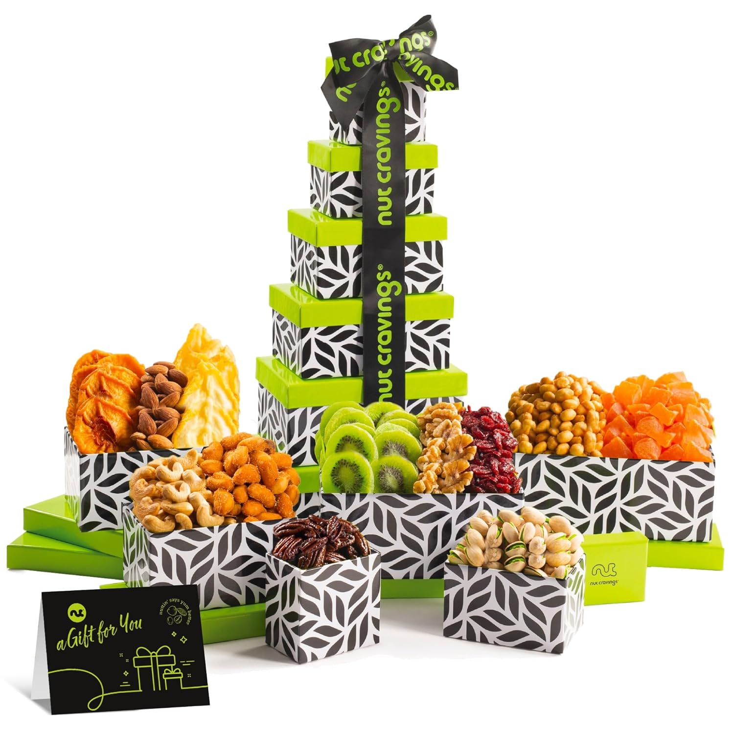 NUT CRAVINGS - Purim Mishloach Manot Dried Fruit & Mixed Nuts Gift Basket, Leaf Tower + Ribbon (12 Assortments) Ramadan Gifts Food Arrangement, Healthy Snack Care Package, Kosher