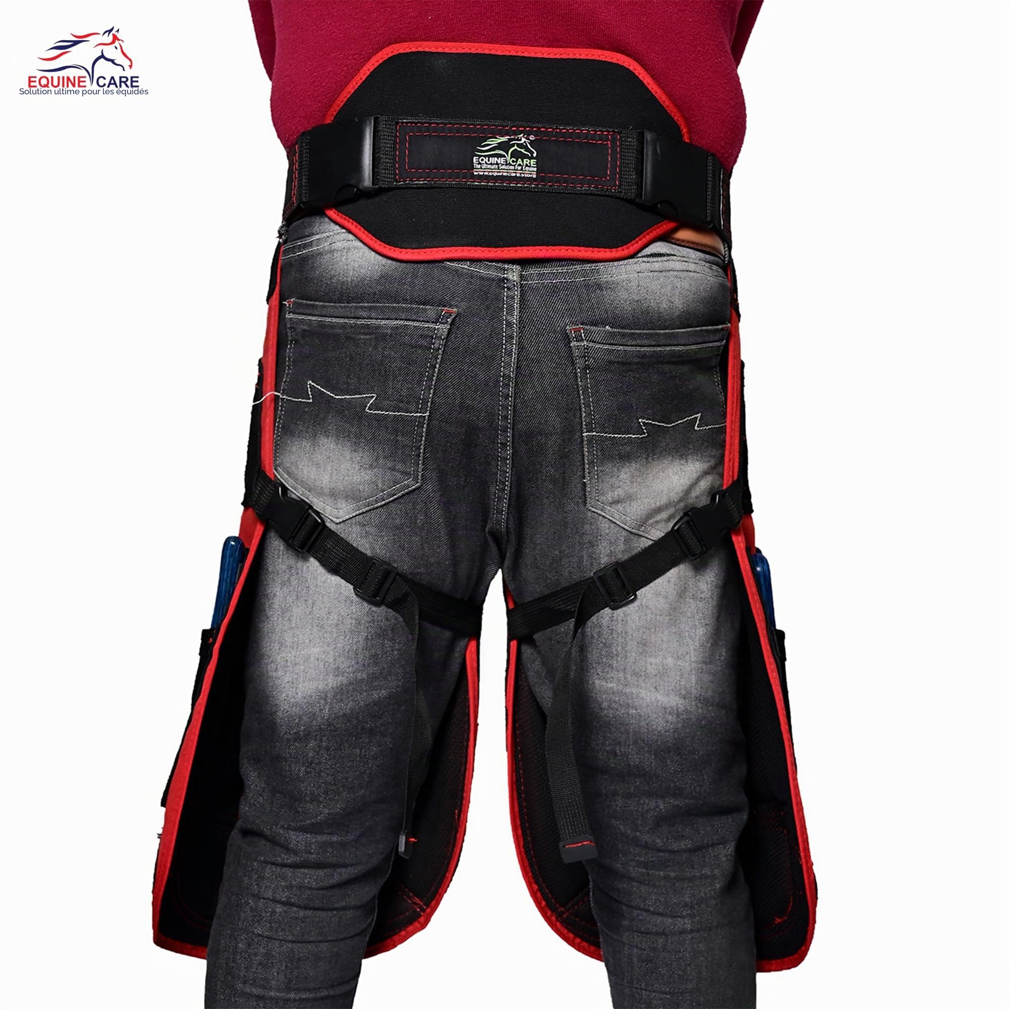 Equine Care Tablier Farrier Chaps en cuir de vache de 2 mm, toile 500 g/m², maille aérée, longueur 63,5 cm, taille réglable (71,1 à 132,1 cm), soutien ergonomique rembourré de mousse pour les cuisses