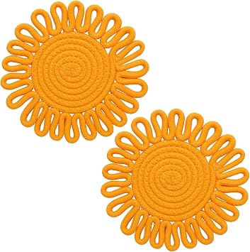 7.2 Inch Cotton Trivets for Hot Dishes, 2 Pack Sunflower Trivet Set for Hot Pots and Pans, Heat Resistant Pot Holders for Kitchen, Cute Farmhouse Kitchen Decor and AccessoriesYellow
