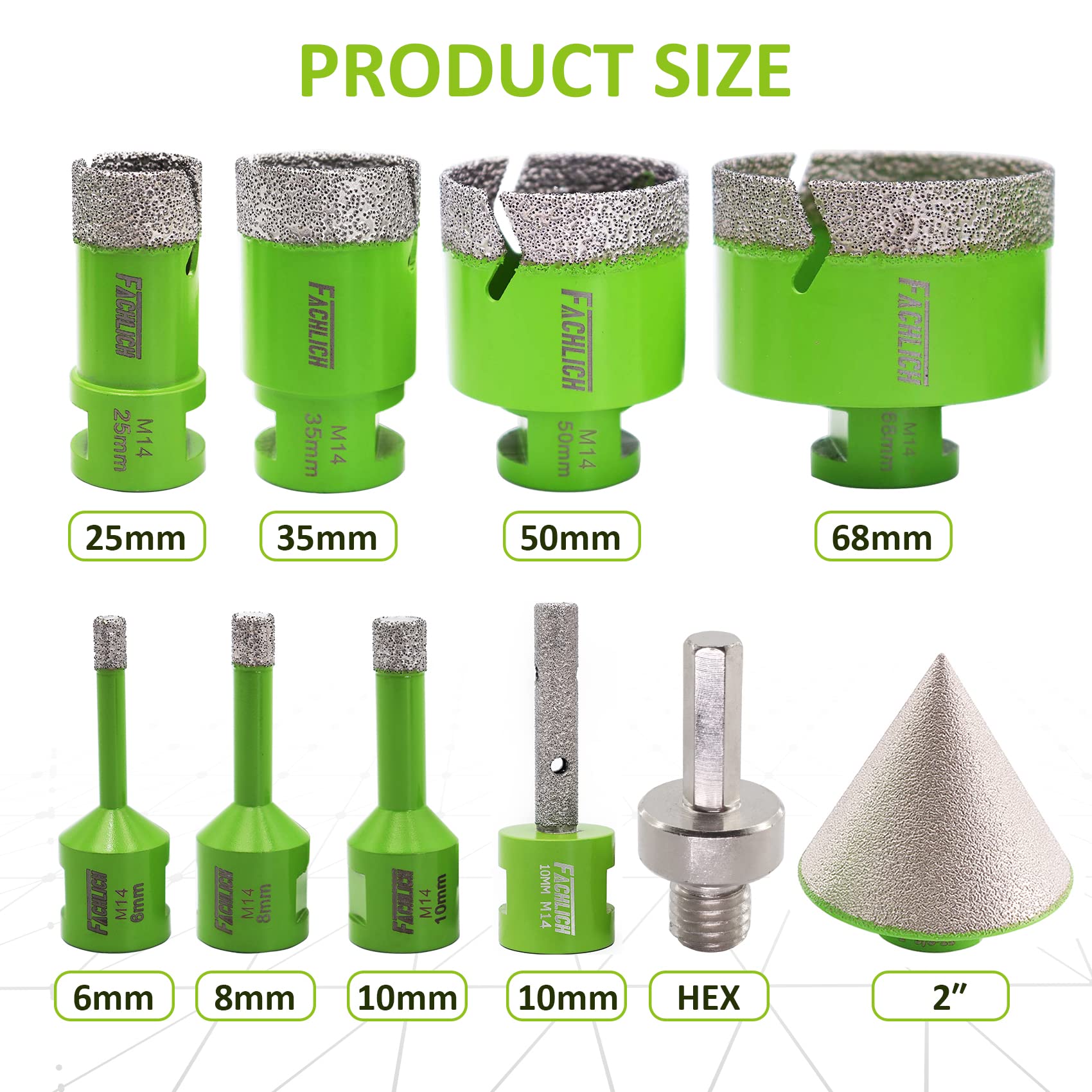 Diamentowe wiertła 6/6/8/20/35/50/68mm 10 sztuk/zestaw i 10mm i 50mm Frez i adapter do wiercenia na sucho Porcelana Płytka Granit Marmur