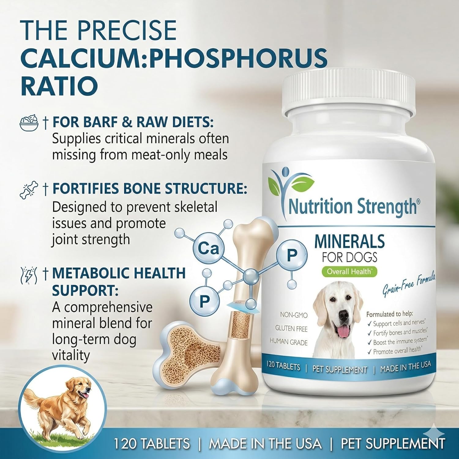 Dog Minerals & Electrolytes - Essential Raw Diet Balancer & Senior Dog Vitality Support - Calcium, Magnesium, Zinc, Iron & Selenium for Bone, Muscle & Nerve Health - 120 Tablets