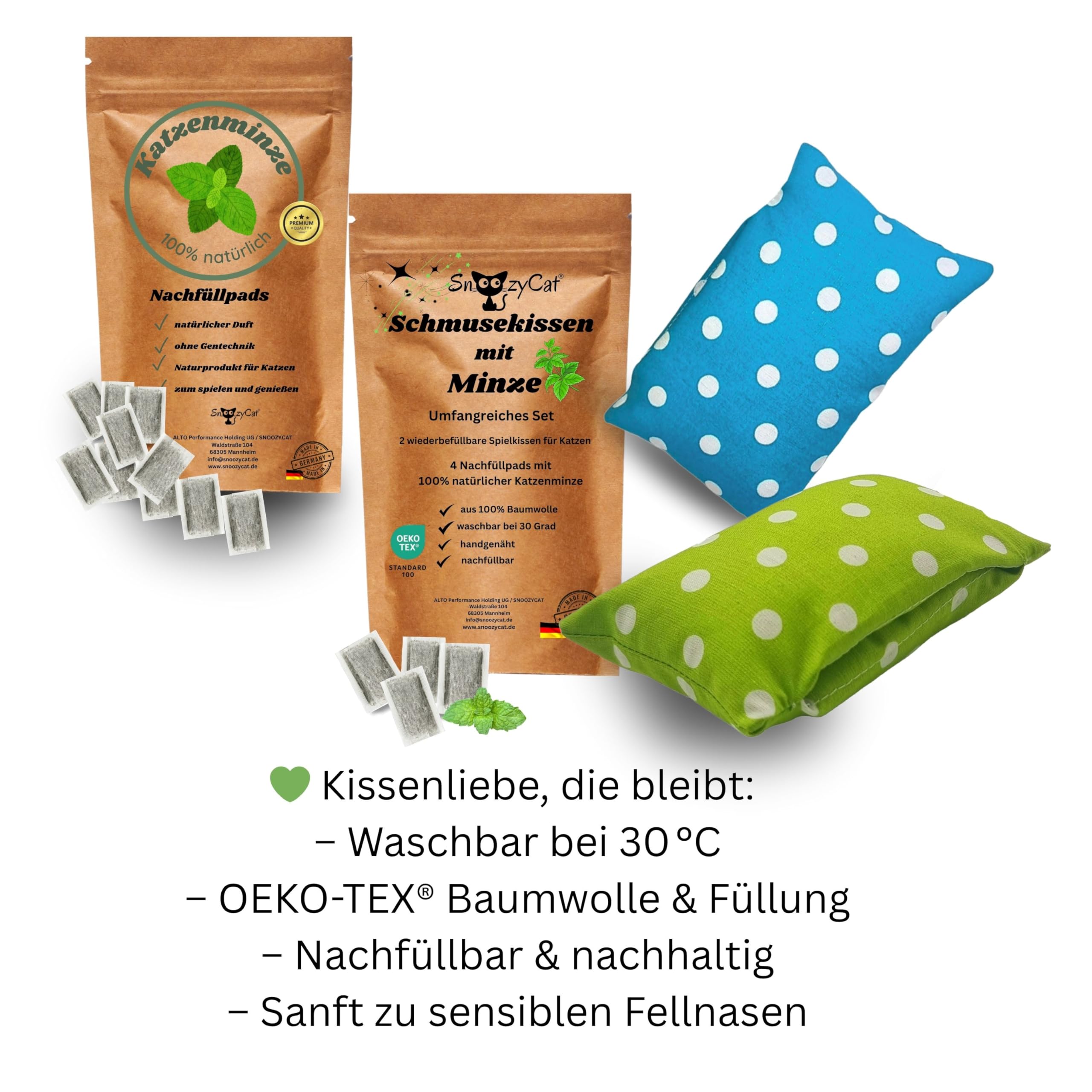 Premium Katzenminze Katzenkissen 2er Set + 14 Nachfüllpads – wiederbefüllbares Katzenspielzeug, waschbare Duftkissen aus Oeko-TEX® Baumwolle, Made in Germany
