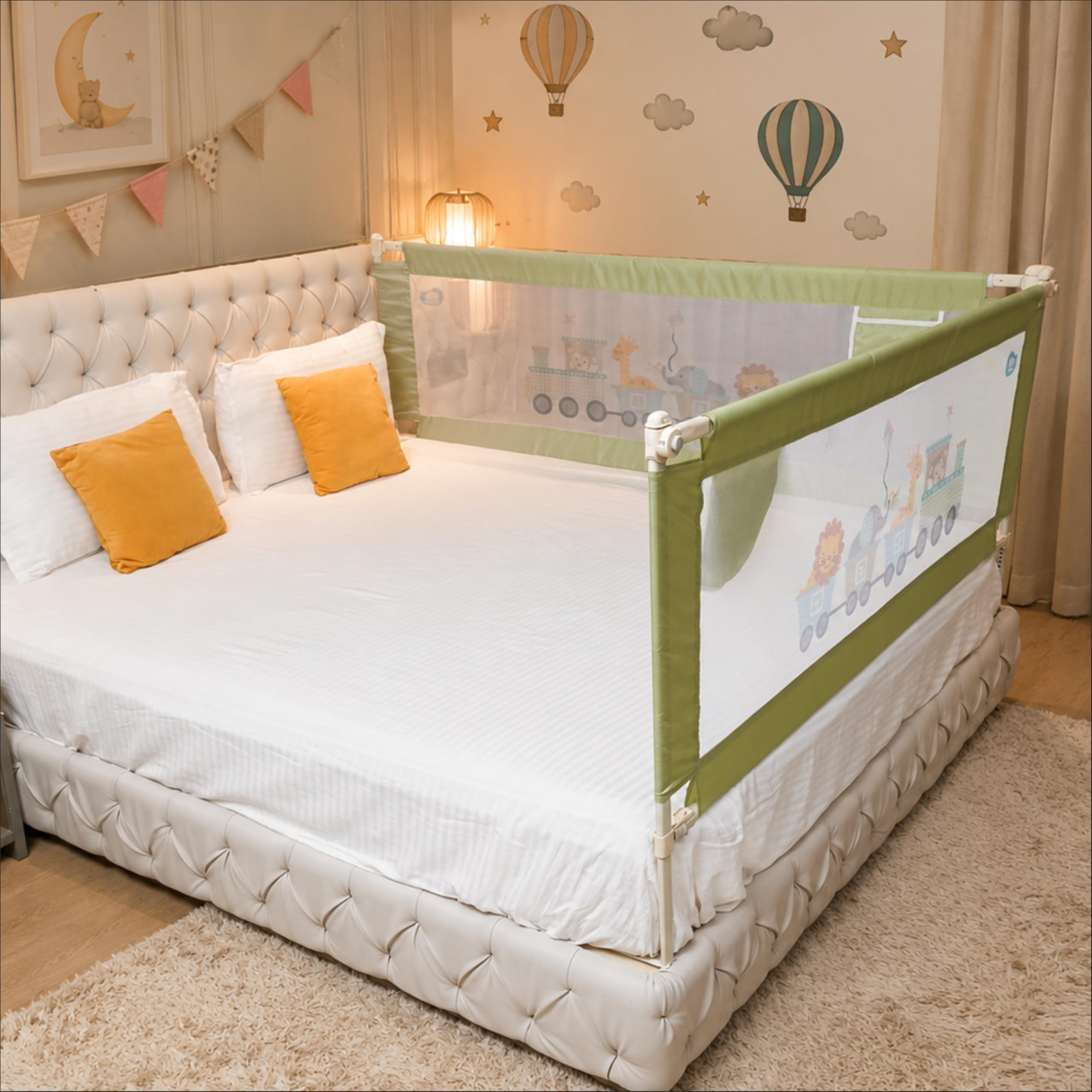 Kids Station 2 Side with Pocket Bed Rail Guard (6.3ft x 6ft / 190cm x 180cm), Bed Railing for Baby Safety, Kids Toddler Bed Protector Side Walls, Adjustable Height, Portable & Foldable (Green)