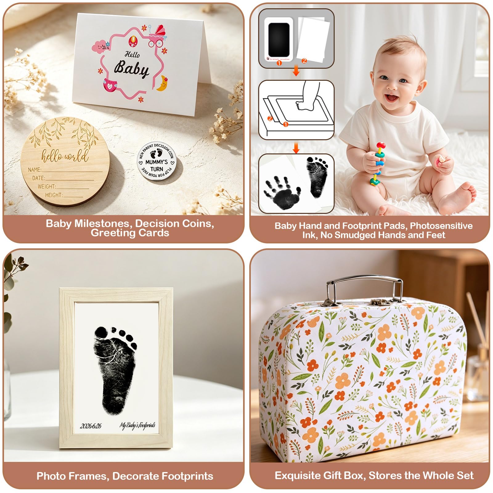 Cadeau Coffret Naissance Fille Garcon 11Pcs Coffret Cadeau Baby Shower Mixte avec Body Bavoirs Chaussettes Serviette Pièce Décision Cartes de Jalons Cadre Photo Cadeaux Nouveaux Parents Bébé