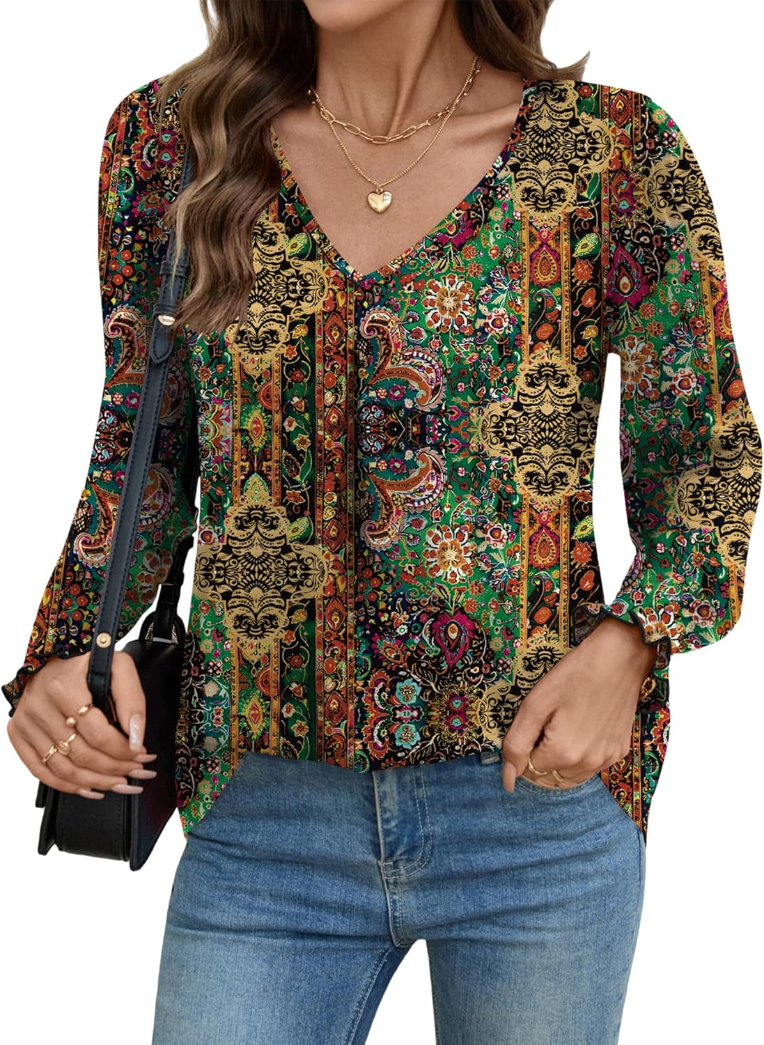 AKEWEI Plus Size Clothes for Women Long Sleeve Tops V Neck Shirts Office Cute Fall Clothes for Women 2025 Trendy Shirts Boho Print S - Image 2
