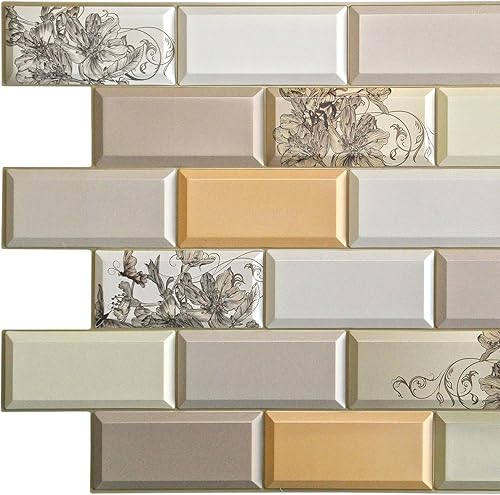 Dundee Deco Panel de pared 3D de PVC con flores de ladrillos sintéticos, color blanco, beige, verde, naranja, 3.2 pies x 1.6 pies (38.2 in x 18.9