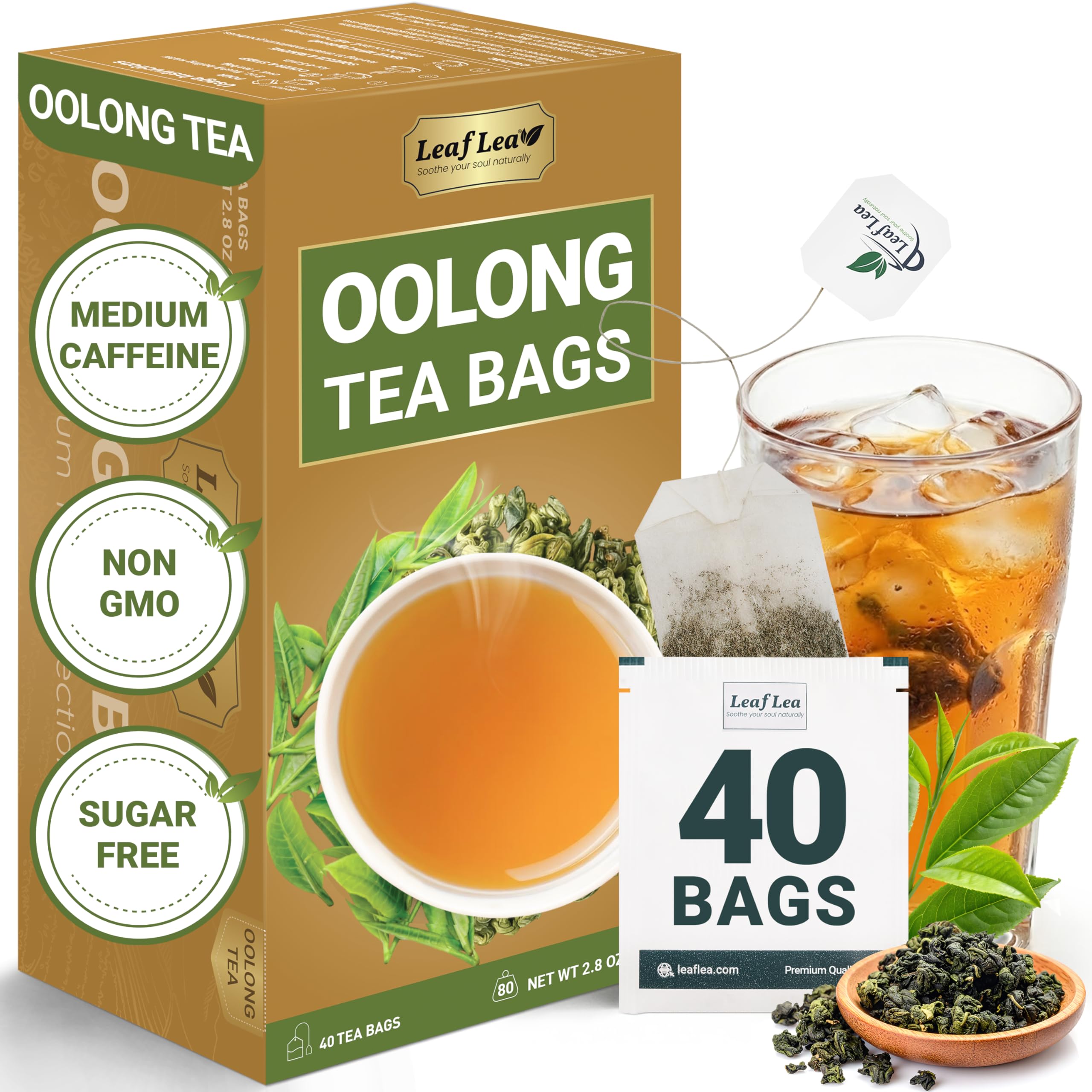 LeafLea Oolong Tea Bags, 100% Pure Leaves, Smooth Toasted Notes, Sugar-Free | 40 Te Oolong Bags, Whole Camellia Sinensis Leaves, Golden Amber Cup, Light Roast Aroma, Caffeinated, Individually Wrapped Oolong Tea 40 Count (Pack of 1)