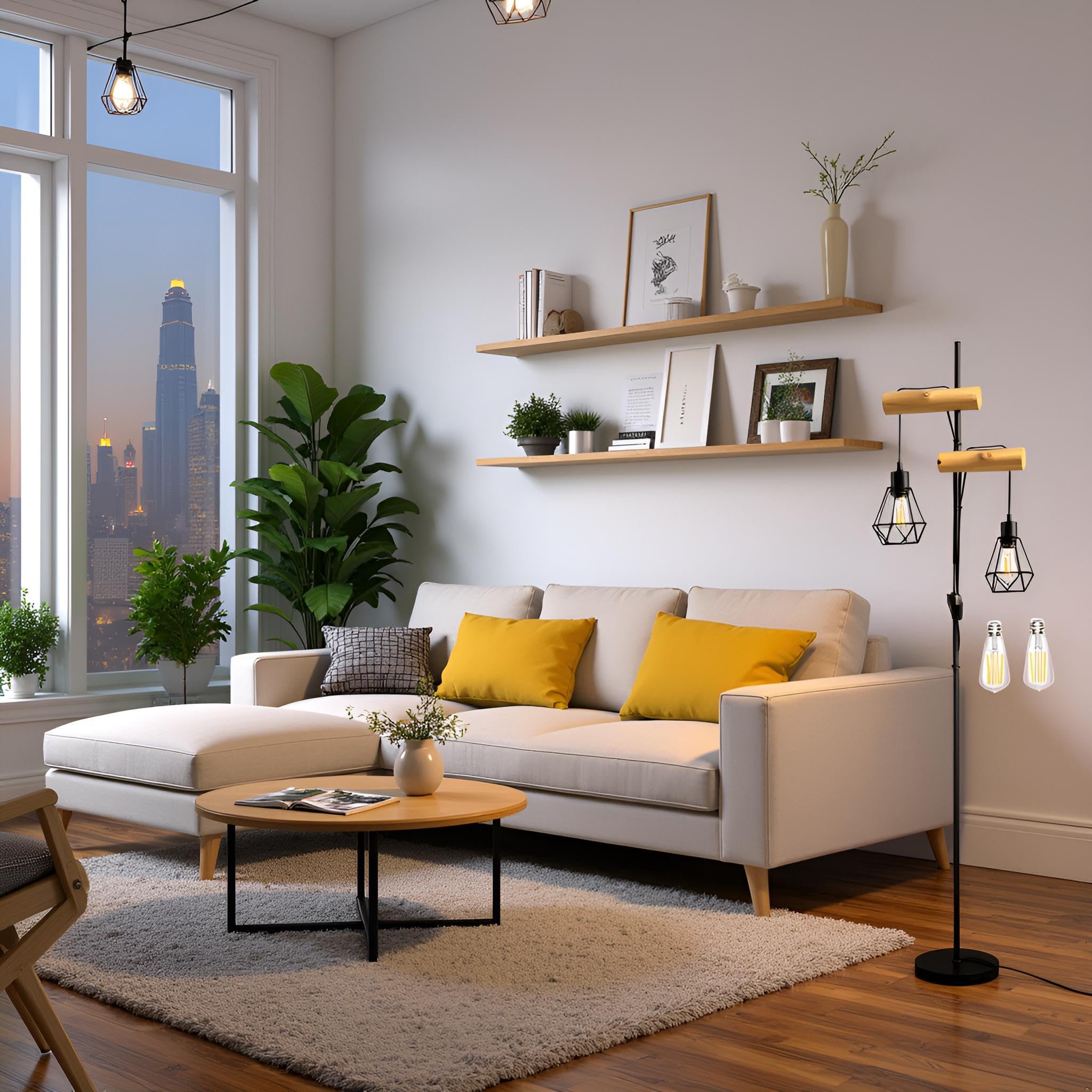 Industrielle Stehlampen 2-flammig E27 LED Glühbirne, Vintage rustikal Design mit Natür Holz und Schwarzem Metall, für Wohnzimmer esszimmer flur