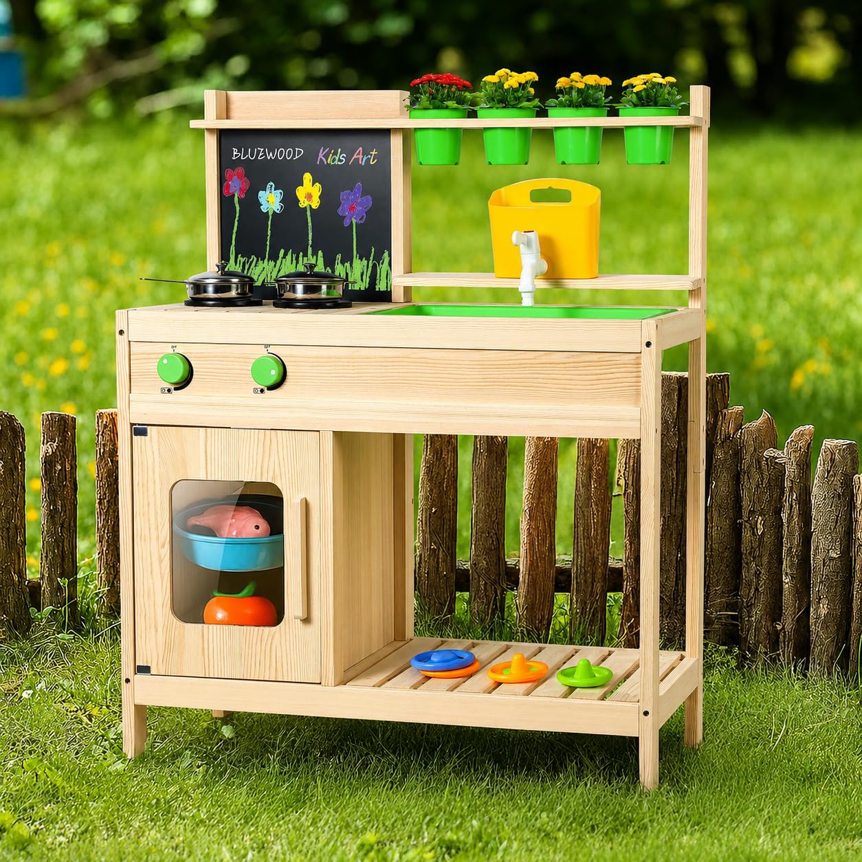 Cocina de Juguete de Madera para Niños | Cocina Exterior Infantil BlueWood | Grifo Funcional, Fregadero Grande, Estantes y Accesorios | Juego Educativo al Aire Libre