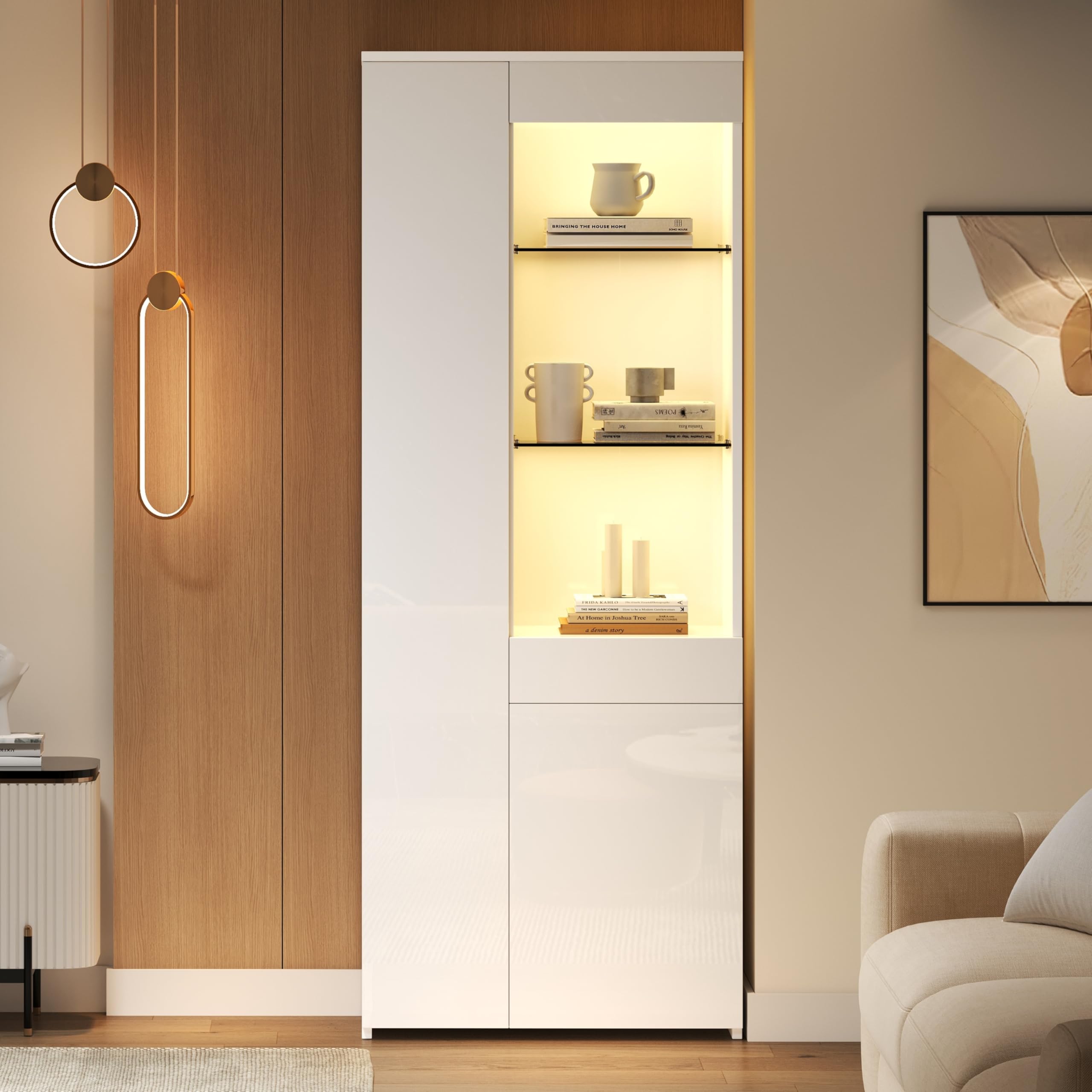 Wiuzo Vetrina con cassetti, 70 x 35 x 180 cm, lucida, vetrina in vetro con illuminazione a LED, mobile alto, con armadio, vetrina, portata consigliata: 45 kg