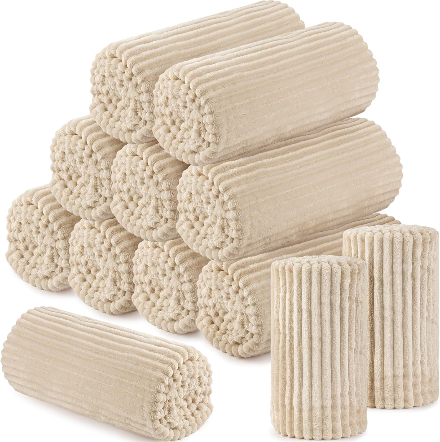 Buryeah 12 Pcs Flannel Throw Blanket Bulk 50 x 60 Inch Wedding Throw Blanket Soft Lightweight Winter Blankets with Striped Ribbed for Sofa Room Couch Donation Homeless Gifts (Ivory)