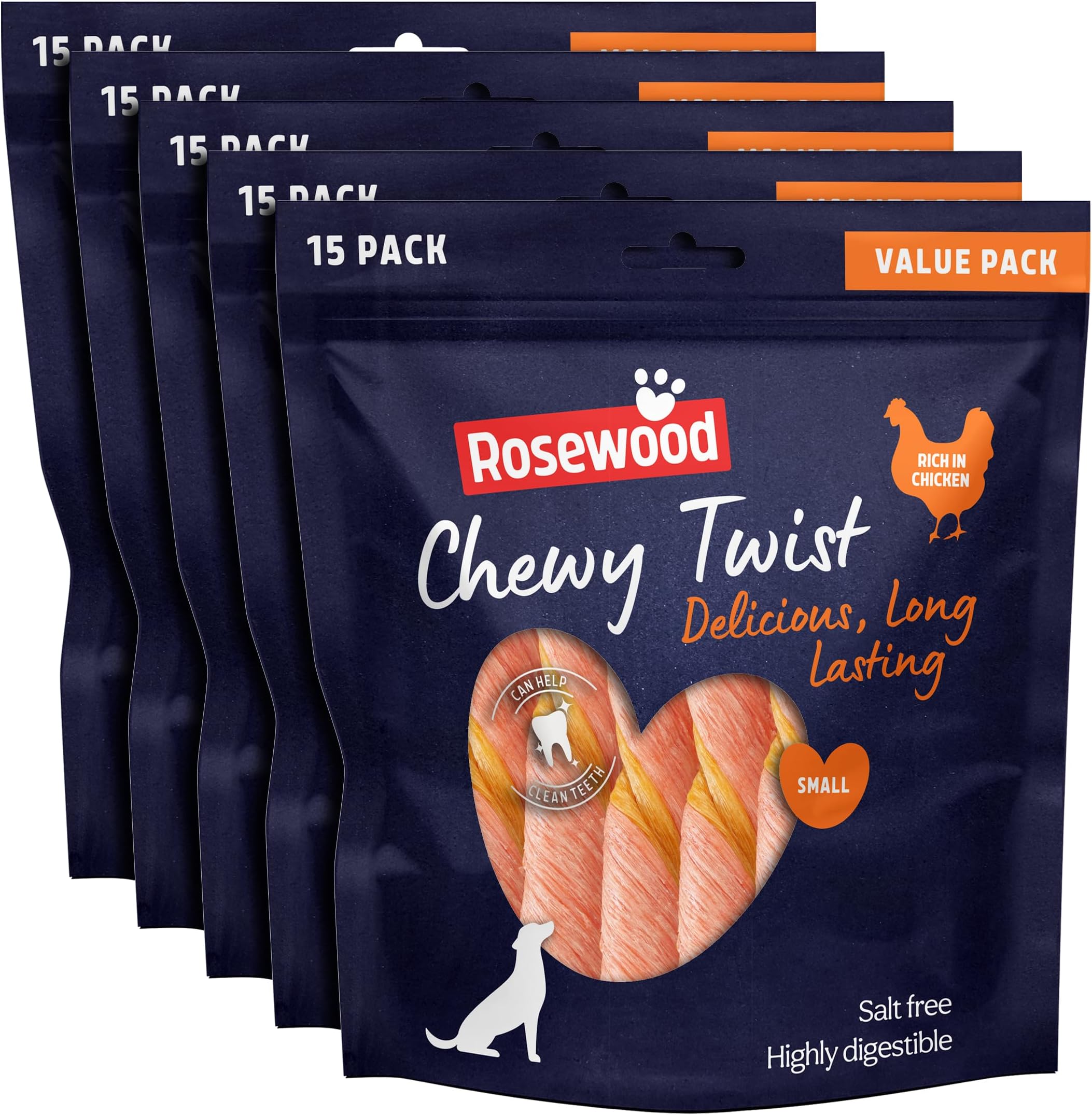Rosewood Chewy Twist Treats for Dogs - XL Value Pack, Rich in Chicken, Small Dog Treats, Delicious, Long-Lasting Chews, Helps Clean Teeth, Salt Free, Highly Digestible, 15pc (Case of 5 x 345g)