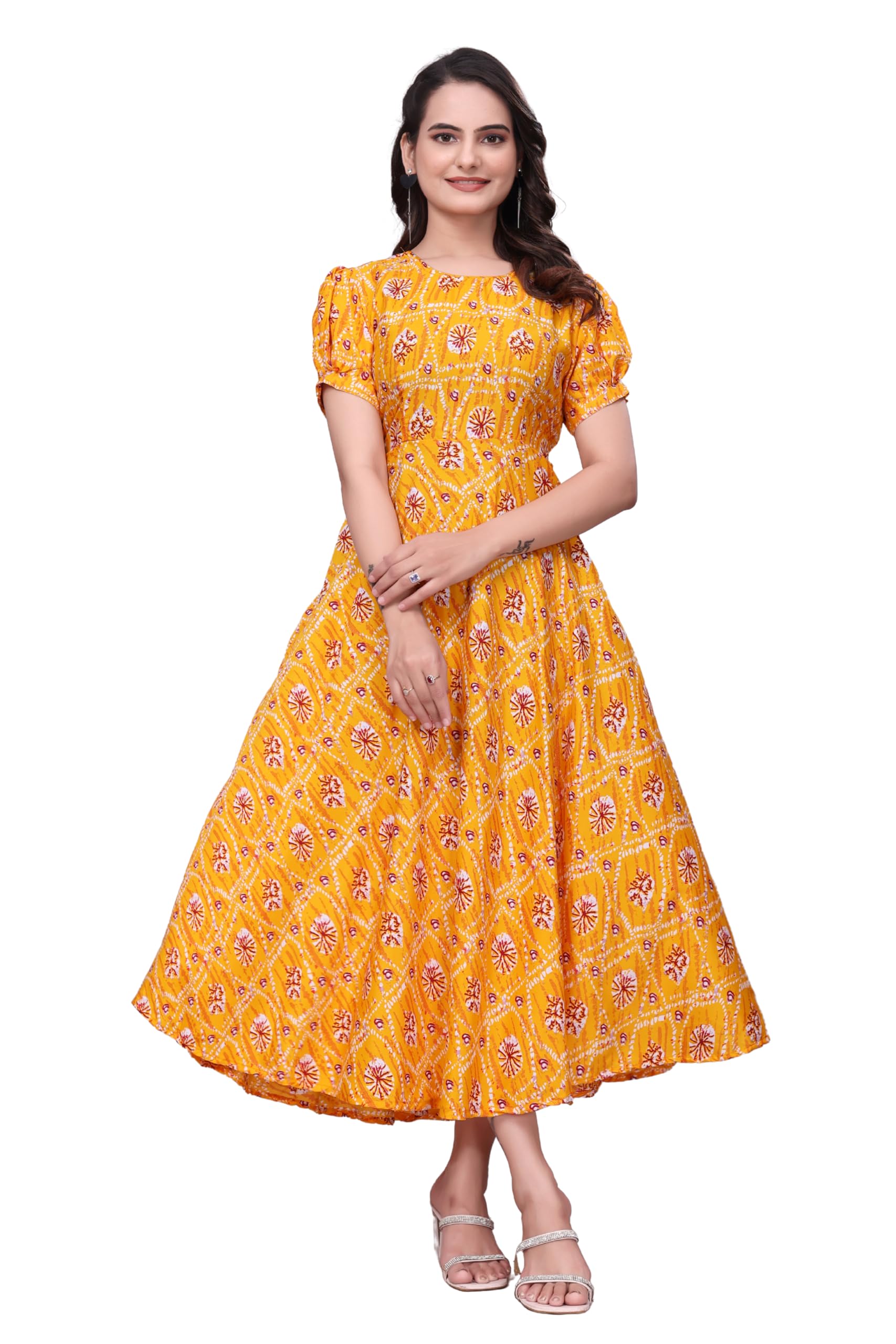 Women Crepe Maxi Dress Calf Length | Fit and Flare A-Line Dress with Puff Short Sleeves, Round Neck and Stitch Belt for Casual-image-37